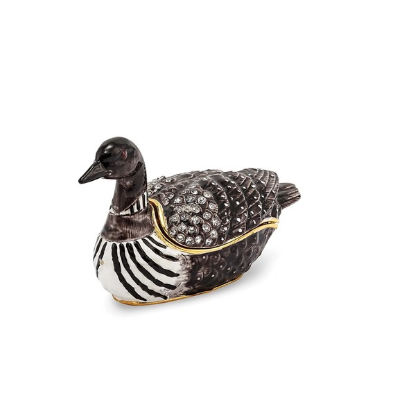 Pewter Bejeweled Crystals Gold-tone Enameled CARLO Loon Duck Trinket Box - Picture 1 of 4
